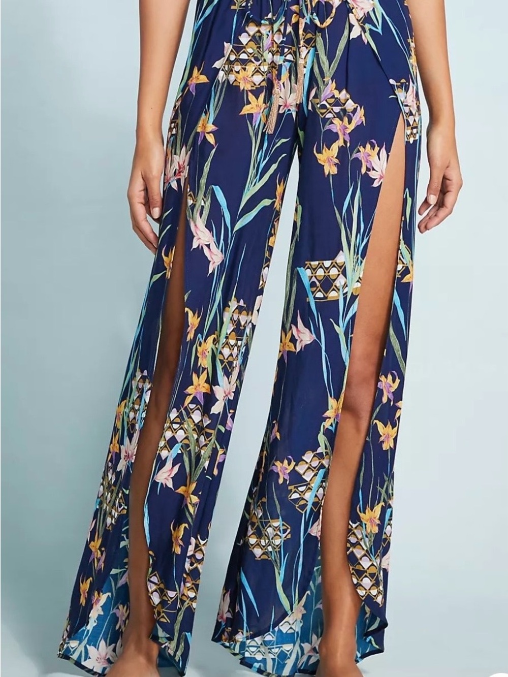 Trina Turk Navy Floral Split Wide-Leg Coastal Resort Beach Viscose Pants-Large